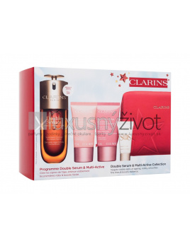 Clarins Double Serum & Multi-Active Collection, pleťové sérum Double Serum 50 ml + denný pleťový krém Multi-Active Jour 15 ml + nočný pleťový krém Multi-Active Nuit 15 ml + podkladová báza pod make-up SOS Primer 5 ml + červená kozmetická taštička