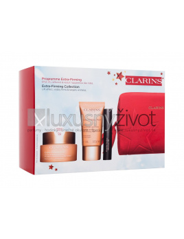 Clarins Extra-Firming Collection, denný pleťový krém Extra-Firming Jour 50 ml + nočný pleťový krém Extra-Firming Nuit 15 ml + špirála Wonder Perfect Mascara 4D 3 ml 01 Perfect Black + pleťové sérum Double Serum 0,9 ml + červená kozmetická taštička