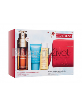 Clarins Double Serum Light Collection, pleťové sérum Double Serum Light Texture 50 ml + pleťový krém Hydra-Essentiel Silky Cream 15 ml + pleťové tonikum Hydrating Toning Lotion 50 ml + červená kozmetická taštička