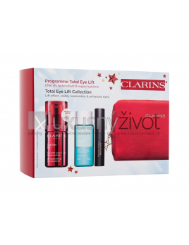 Clarins Total Eye Lift Collection, očný krém Total Eye Lift 15 ml + odličovač očí Instant Eye Make-Up Remover 30 ml + špirála Wonder Perfect Mascara 4D 3 ml 01 Perfect Black + červená kozmetická taštička