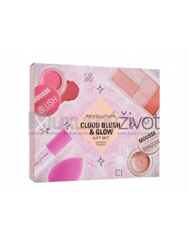 Makeup Revolution London Cloud Blush & Glow Gift Set, očné tiene Mousse Shadow 4 g Rose Gold + lícenka Mousse Blush 6 g Blossom Rose Pink + olej na pery Lip Oil 1,4 ml Pink + kontúrovacia paletka Cheek Lift Palette 12 g + hubka na make-up + kozmetický šte