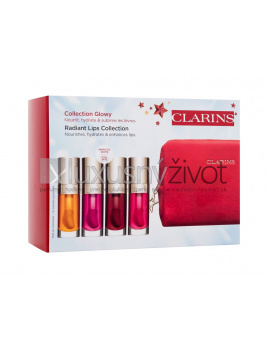 Clarins Lip Comfort Oil Radiant Lips Collection, olej na pery Lip Comfort Oil 7 ml 01 Honey + olej na pery Lip Comfort Oil 7 ml 02 Raspberry + olej na pery Lip Comfort Oil 7 ml 03 Cherry + olej na pery Lip Comfort Oil 7 ml 04 Pitaya + kozmetická taštička