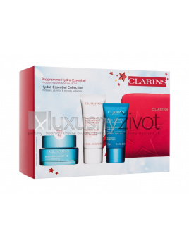 Clarins Hydra-Essentiel [HA2] Collection, denný pleťový krém Hydra-Essentiel Silky Cream 50 ml + nočný pleťový krém Hydra-Essentiel Night Care 15 ml + tělové mlieko Moisture-Rich Body Lotion 30 ml + červená kozmetická taštička