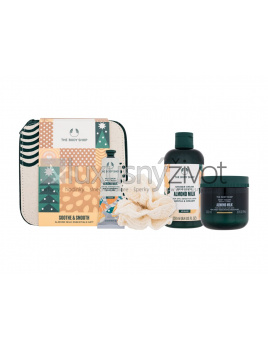 The Body Shop Almond Milk Soothe & Smooth, sprchovací krém Shower Cream Almond Milk 250 ml + telový jogurt Body Yogurt Almond Milk 200 ml + balzam na ruky Hand Balm Almond Milk 30 ml + špongia na umývanie 1 ks + kozmetická taštička